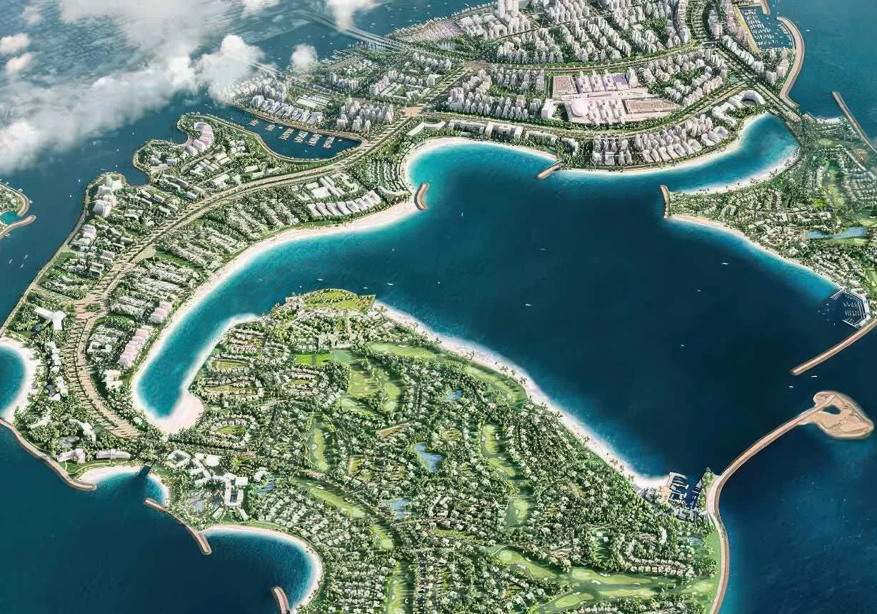 Aerial view of the Dubai Islands masterplan with beaches, marinas and golf