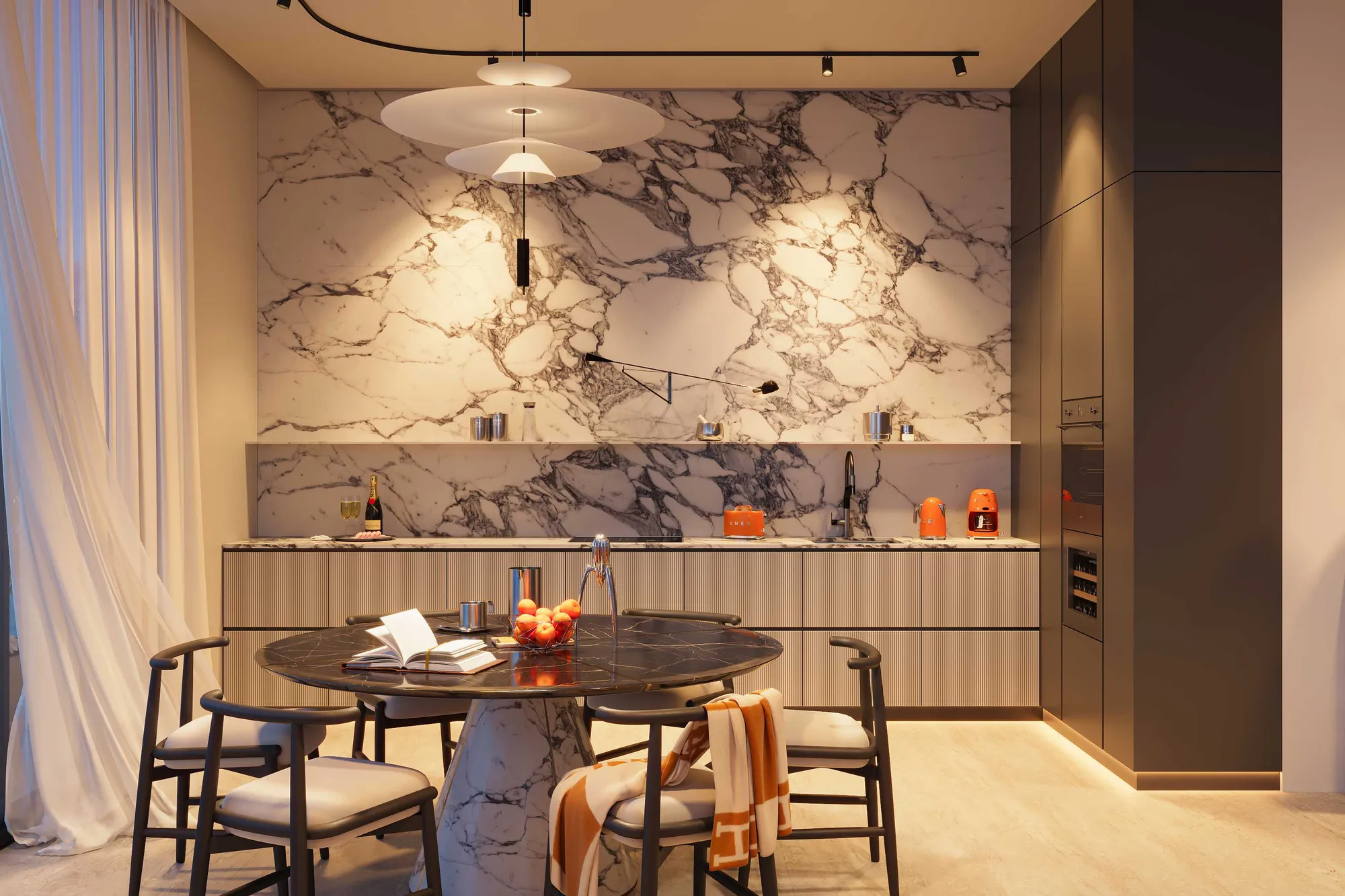 Kitchen with marble splashback, fluted cabinets and round dining table