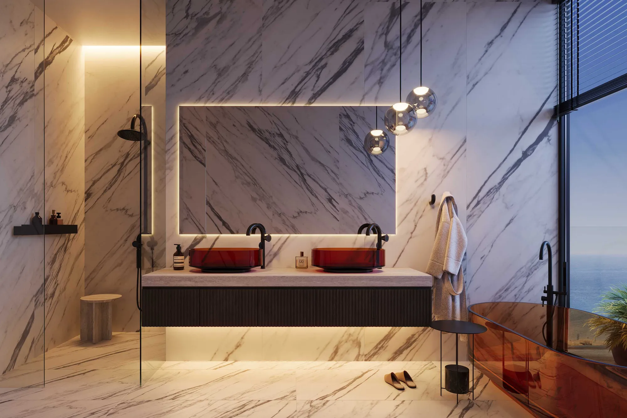 Marble bathroom with twin amber basins, walk-in shower and freestanding bath