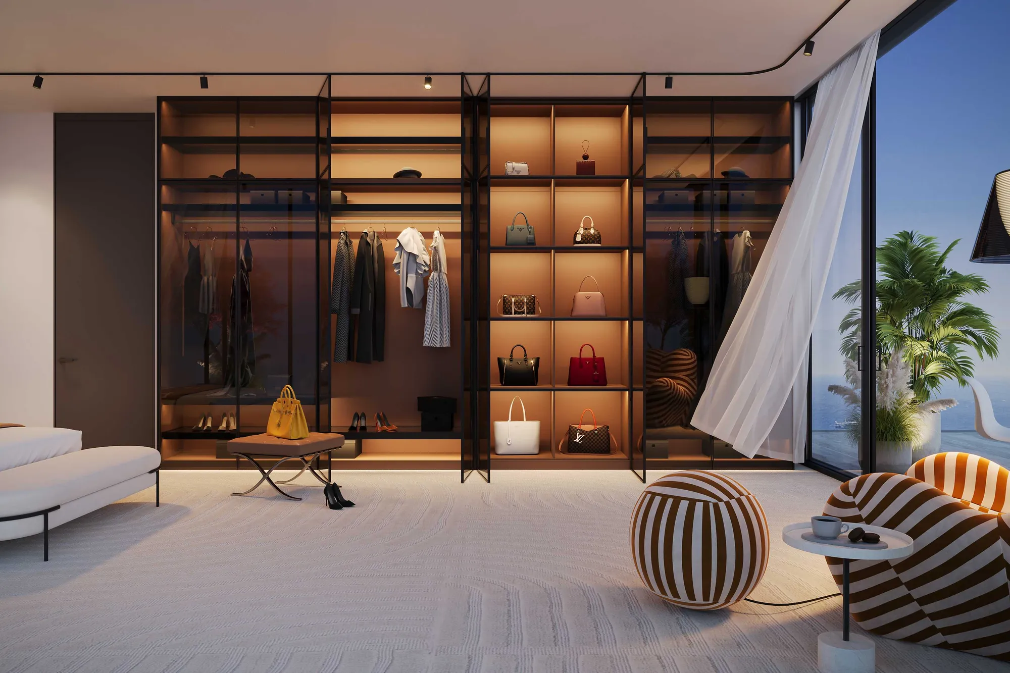 Lit glass-fronted wardrobe wall in a carpeted bedroom by the windows